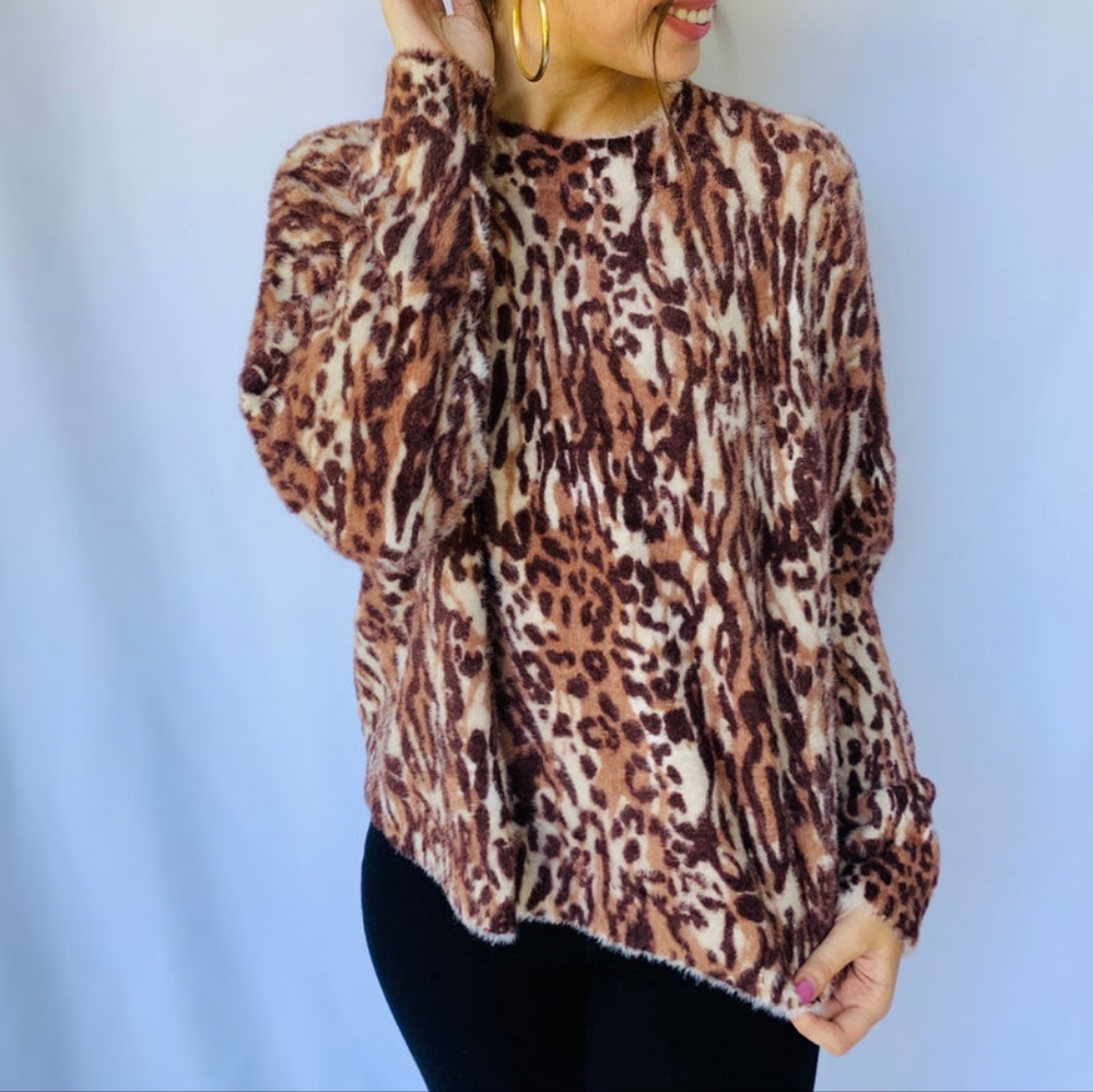Fuzzy unique MINKPINK Game On Animal Print Sweater, Size Large